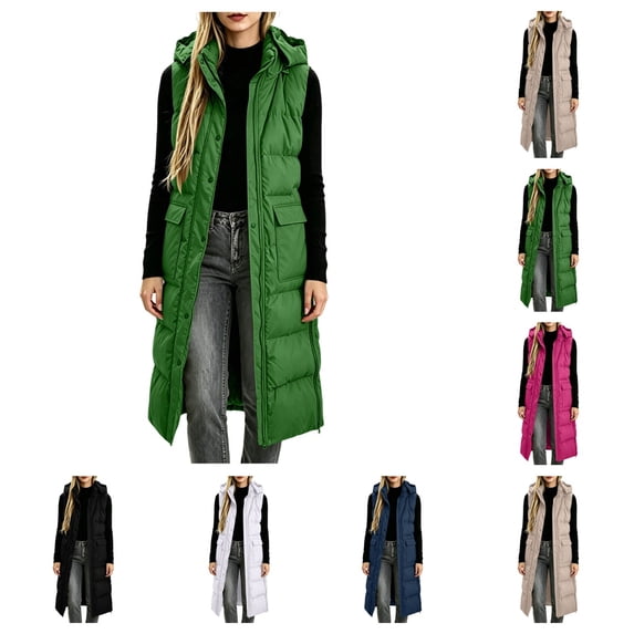 SAWOBUUN Womens Long Hooded Puffer Vest Sleeveless Zip Up Quilted Padded Gilet Casual Warm Winter Coat with Pockets