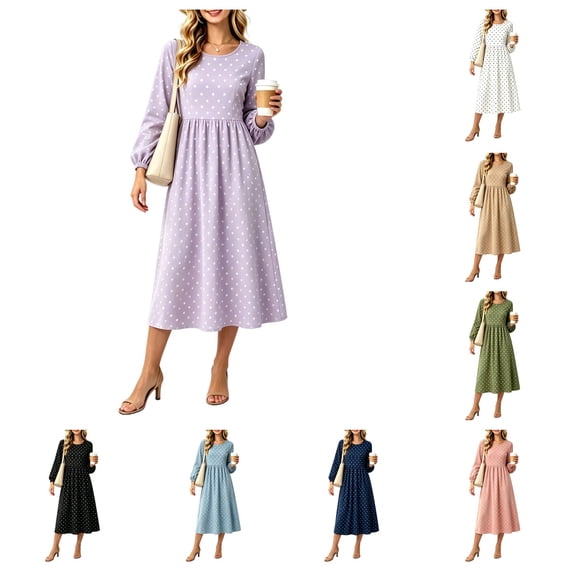 SAWOBUUN Womens Long Sleeve Dresses High Waist Crewneck Polka Dot A-Line Casual Midi Tshirt Dress with Pockets