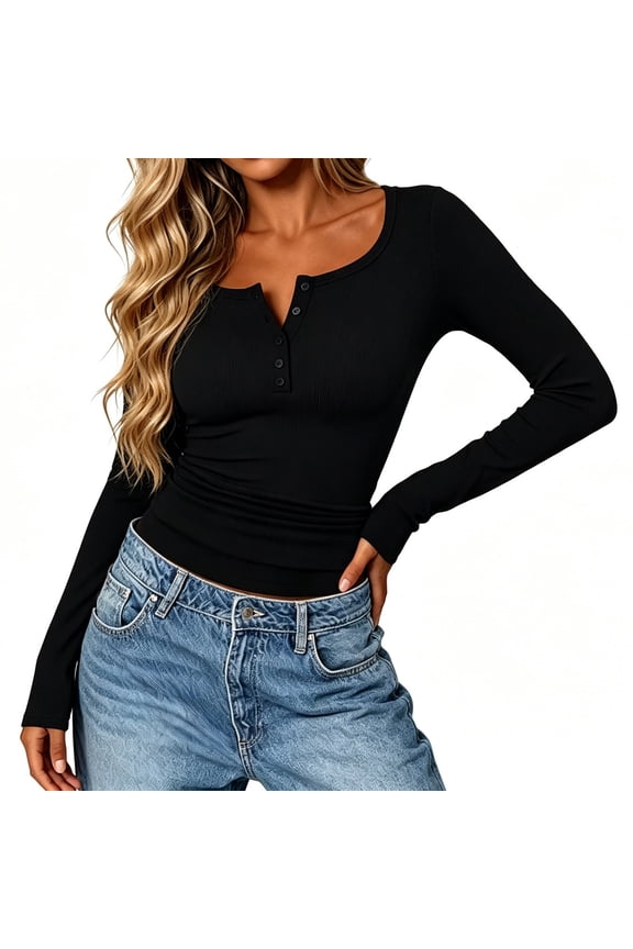 Womens Long Sleeve Henley Shirt V Neck Button Front Ribbed Knit Slim Fit Basic Top Soft Stretchy Casual Work Blouses