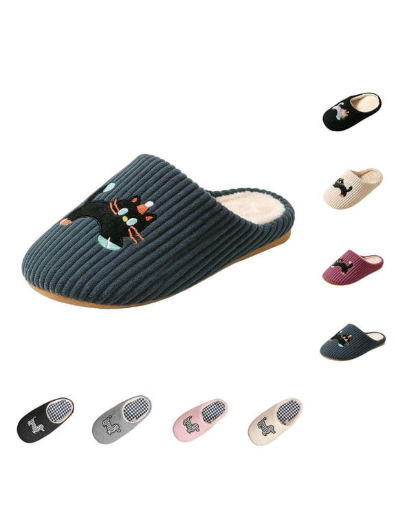 Womens Mens Closed Toe Slippers Cozy Warm Plush House Slippers Cute Cat Embroidered Soft Indoor Scuff Slippers