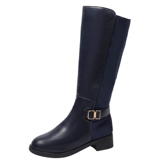 SAWOBUUN Womens Mixed Material Knee High Boots Round Toe Side Zipper Block Heel Buckle Faux Leather Comfortable Winter Boots