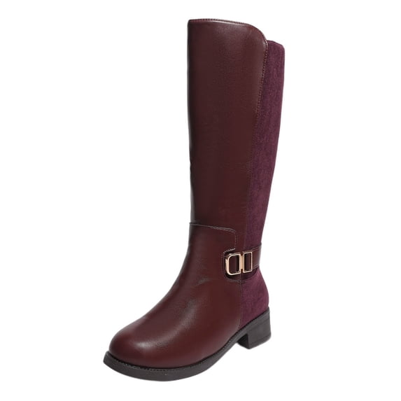 SAWOBUUN Womens Mixed Material Knee High Boots Round Toe Side Zipper Block Heel Buckle Faux Leather Comfortable Winter Boots