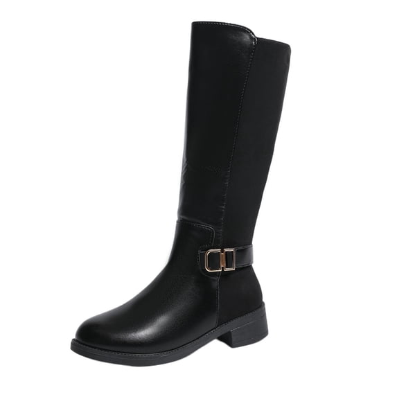 SAWOBUUN Womens Mixed Material Knee High Boots Round Toe Side Zipper Block Heel Buckle Faux Leather Comfortable Winter Boots