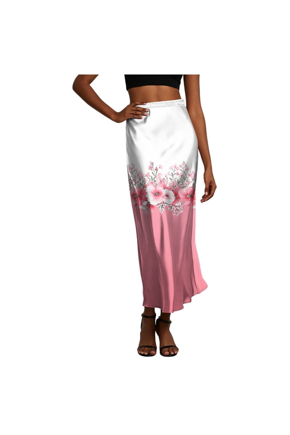 Womens Ombre Satin Maxi Skirt Elastic Waist Silky Bodycon Long Skirt Casual Summer Skirt