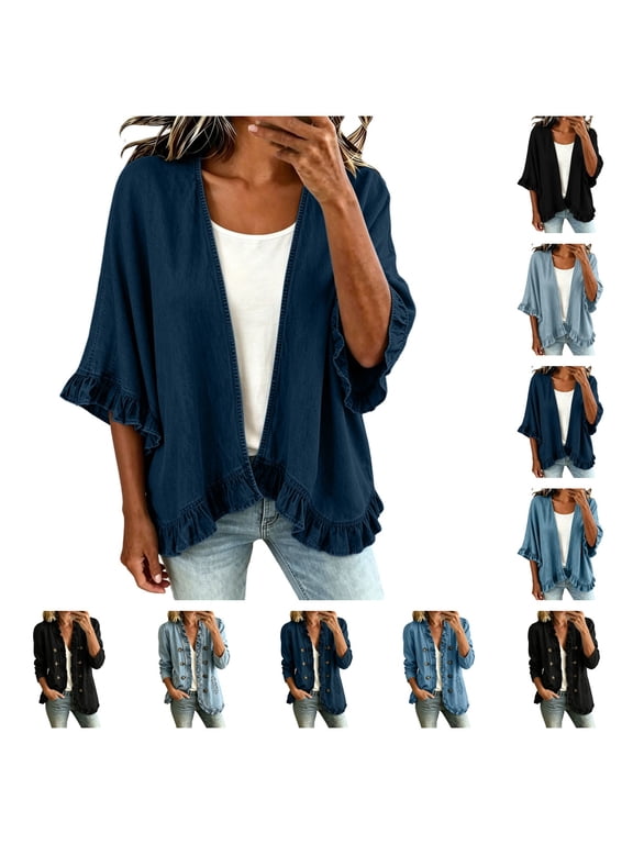 Womens Open Front Ruffle Trim Denim Kimono Cardigan 3/4 Sleeve Lightweight Casual Cover up Jean Jacket