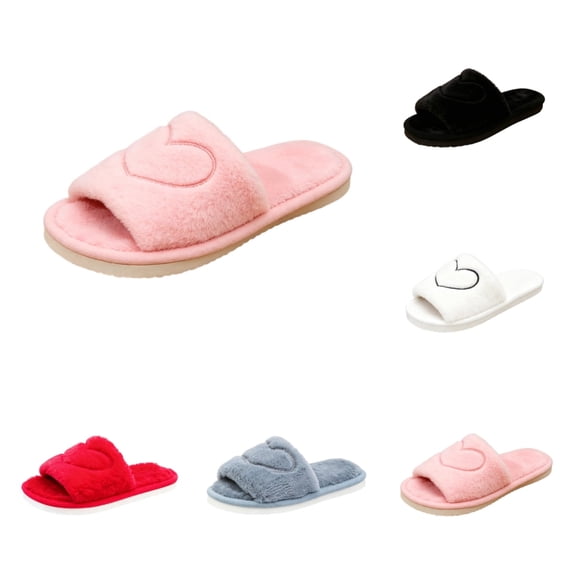 SAWOBUUN Womens Open Toe Fuzzy Slippers Non Slip Cozy Warm Plush House Slippers Heart Fluffy Soft Indoor Slide Slippers