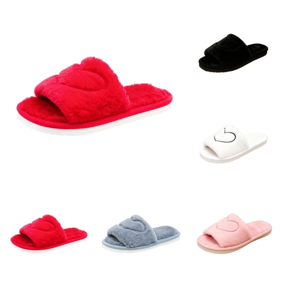 SAWOBUUN Womens Open Toe Fuzzy Slippers Non Slip Cozy Warm Plush House Slippers Heart Fluffy Soft Indoor Slide Slippers