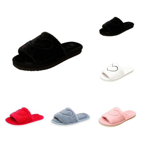 SAWOBUUN Womens Open Toe Fuzzy Slippers Non Slip Cozy Warm Plush House Slippers Heart Fluffy Soft Indoor Slide Slippers