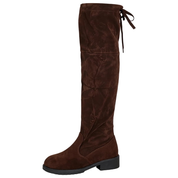 SAWOBUUN Womens Over The Knee Boots Round Toe Block Heel Back Tie Faux Suede Rugged Sole Pull On Comfortable Fashion Winter Boots