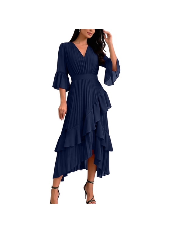 Womens Pleated Midi Dress V Neck Bell Sleeve Asymmetrical Ruffle Hem Flowy Cocktail Party Wedding Guest Dress