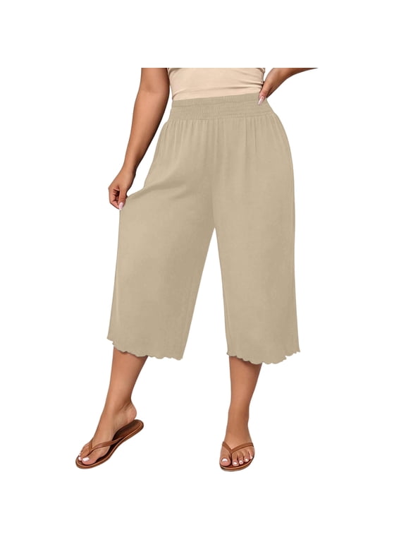 Womens Plus Size Capri Pants Wide Leg Elastic Waist Scalloped Hem Trousers Casual Lounge Pants with Pockets
