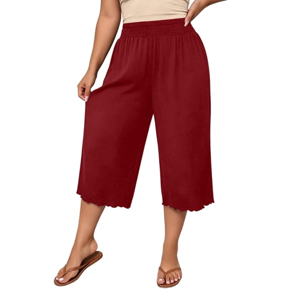 SAWOBUUN Womens Plus Size Capri Pants Wide Leg Elastic Waist Scalloped Hem Trousers Casual Lounge Pants with Pockets