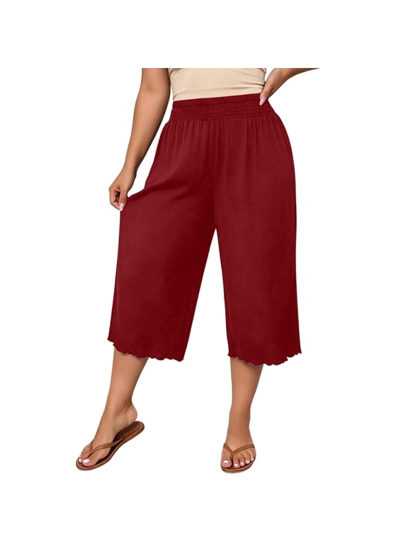 Womens Plus Size Capri Pants Wide Leg Elastic Waist Scalloped Hem Trousers Casual Lounge Pants with Pockets