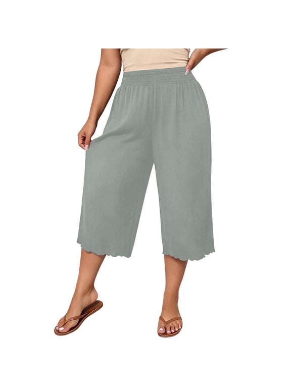 Womens Plus Size Capri Pants Wide Leg Elastic Waist Scalloped Hem Trousers Casual Lounge Pants with Pockets