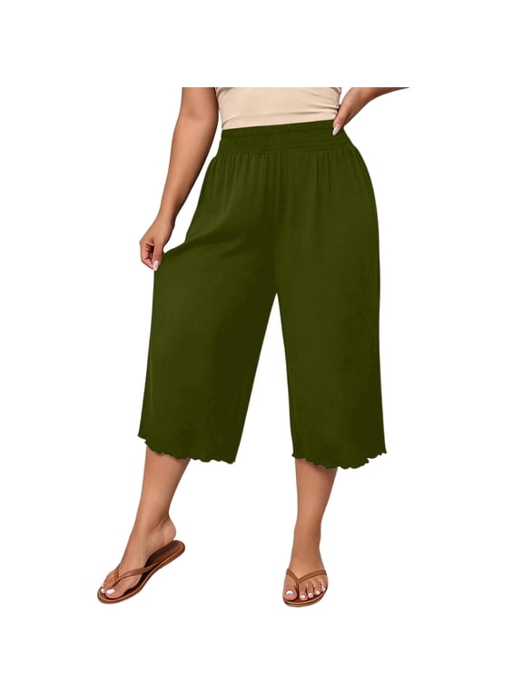 Womens Plus Size Capri Pants Wide Leg Elastic Waist Scalloped Hem Trousers Casual Lounge Pants with Pockets