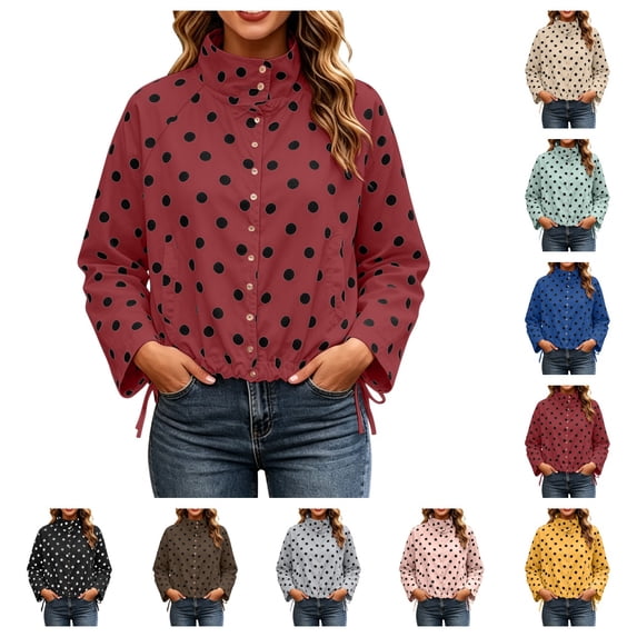 SAWOBUUN Womens Polka Dot Cropped Jacket Stand Collar Button Down Drawstring Hem Lightweight Windbreaker Outerwear Coat with Pockets