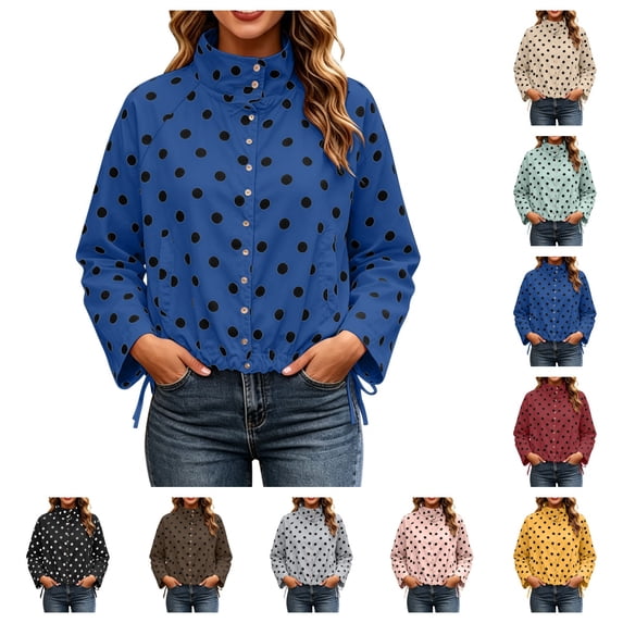 SAWOBUUN Womens Polka Dot Cropped Jacket Stand Collar Button Down Drawstring Hem Lightweight Windbreaker Outerwear Coat with Pockets
