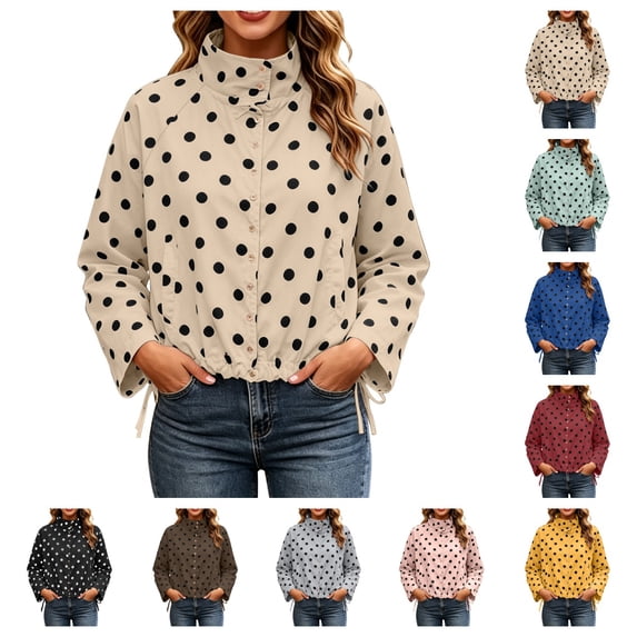 SAWOBUUN Womens Polka Dot Cropped Jacket Stand Collar Button Down Drawstring Hem Lightweight Windbreaker Outerwear Coat with Pockets