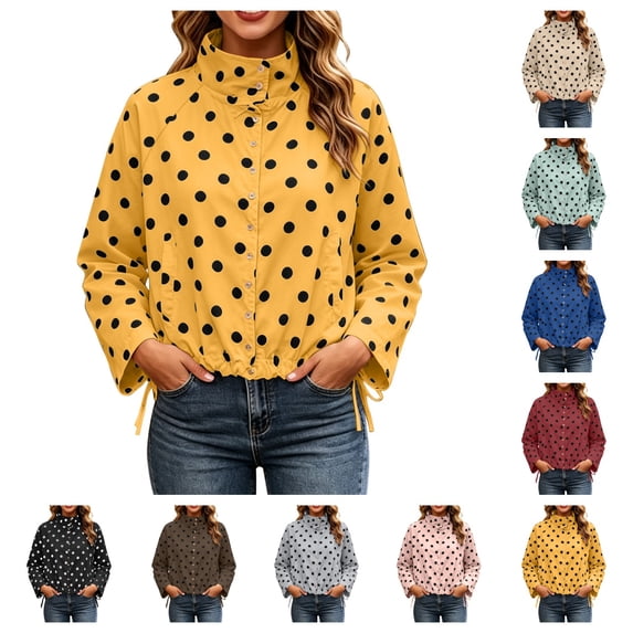 SAWOBUUN Womens Polka Dot Cropped Jacket Stand Collar Button Down Drawstring Hem Lightweight Windbreaker Outerwear Coat with Pockets