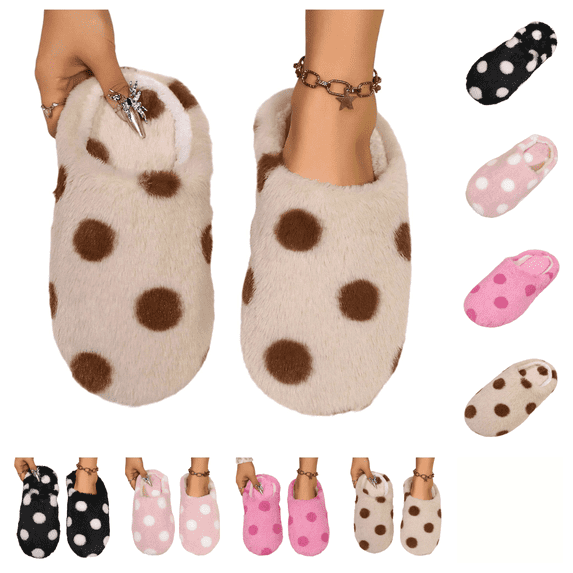 SAWOBUUN Womens Polka Dot Fuzzy Slippers Closed Toe Soft Fuzzy Plush House Shoes Winter Warm Cozy Non Slip Casual Indoor Outdoor Slippers