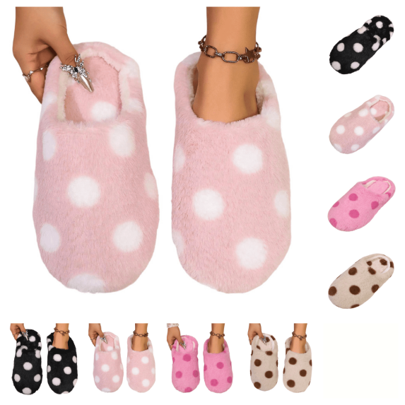 SAWOBUUN Womens Polka Dot Fuzzy Slippers Closed Toe Soft Fuzzy Plush House Shoes Winter Warm Cozy Non Slip Casual Indoor Outdoor Slippers