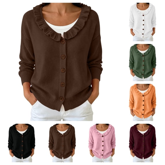 SAWOBUUN Womens Ruffle V Neck Knit Cardigan Button Down Long Sleeve Casual Lightweight Sweater Jacket