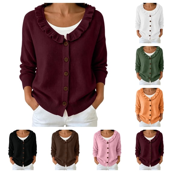 SAWOBUUN Womens Ruffle V Neck Knit Cardigan Button Down Long Sleeve Casual Lightweight Sweater Jacket