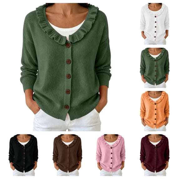 SAWOBUUN Womens Ruffle V Neck Knit Cardigan Button Down Long Sleeve Casual Lightweight Sweater Jacket