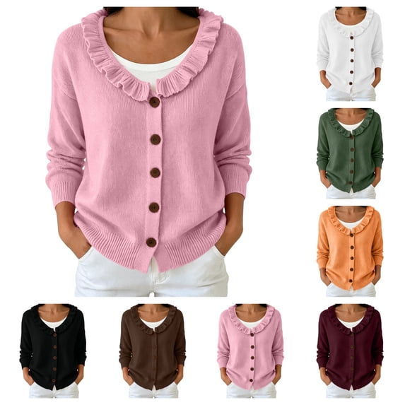SAWOBUUN Womens Ruffle V Neck Knit Cardigan Button Down Long Sleeve Casual Lightweight Sweater Jacket