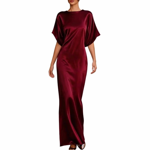 SAWOBUUN Womens Satin Batwing Sleeve Long Evening Dress Elegant Crew Neck Maxi Dress for Wedding Guest Party Prom