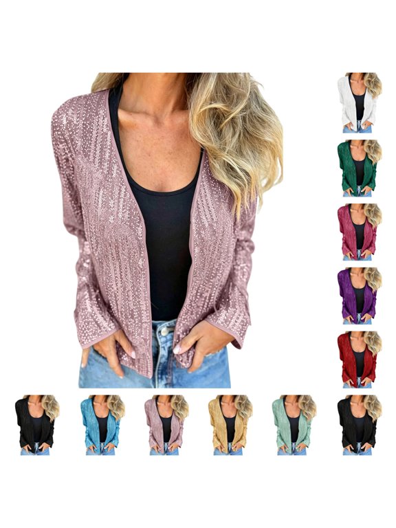Womens Sequin Open Front Cardigan Long Sleeve Lightweight Sparkly Glitter Jacket Party Casual Outerwear
