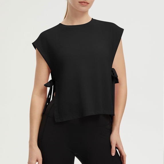 SAWOBUUN Womens Side Tie Cropped Tank Tops Summer Oversized Sleeveless Casual Loose Fit Boxy Basic Tees