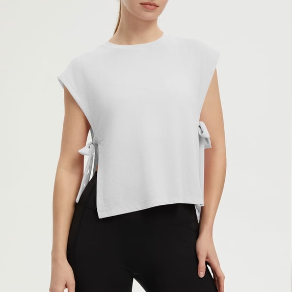 SAWOBUUN Womens Side Tie Cropped Tank Tops Summer Oversized Sleeveless Casual Loose Fit Boxy Basic Tees