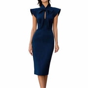 SAWOBUUN Womens Sleeveless Bow Tie Neck Bodycon Dress Cap Sleeves Business Casual Midi Pencil Dress for Office Work Party
