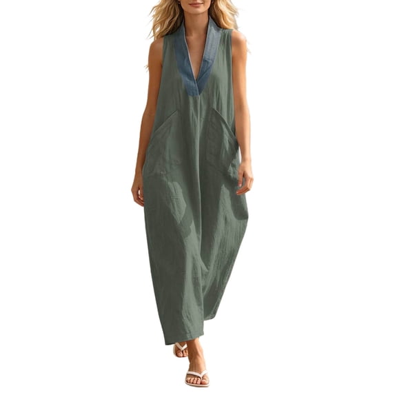 SAWOBUUN Womens Sleeveless Maxi Dress V Neck Contrast Collar Caftan Dress Casual Loose Fit Cotton Linen Long Sundress with Large Pockets