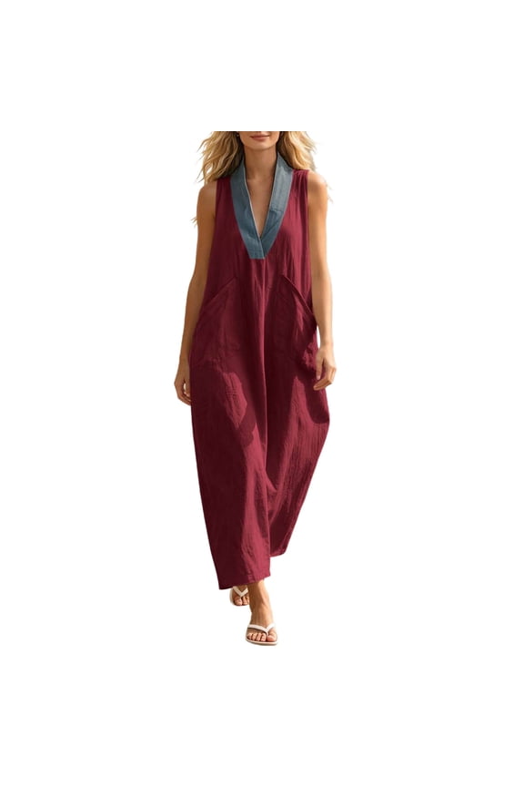 Womens Sleeveless Maxi Dress V Neck Contrast Collar Caftan Dress Casual Loose Fit Cotton Linen Long Sundress with Large Pockets