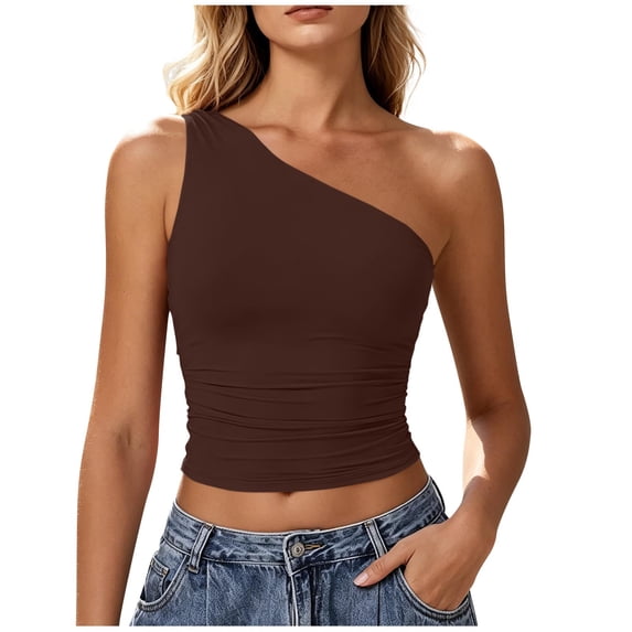 SAWOBUUN Womens Sleeveless One Shoulder Tank Top Y2K Ruched Slim Fit Going Out Summer Tops