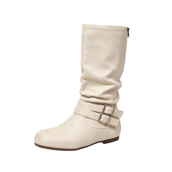 SAWOBUUN Womens Slouchy Mid Calf Boots Round Toe Flat Side Zipper Double Buckle Faux Suede Comfortable Fashion Casual Fall Boots