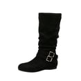 thumbnail image 1 of SAWOBUUN Womens Slouchy Mid Calf Boots Round Toe Flat Side Zipper Double Buckle Faux Suede Comfortable Fashion Casual Fall Boots, 1 of 7