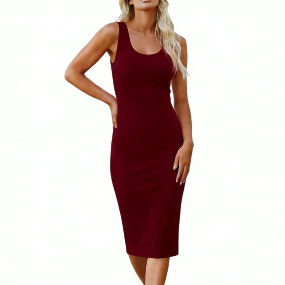 SAWOBUUN Womens Solid Sleeveless Bodycon Midi Dress Scoop Neck Slim Fit Casual Tank Dress