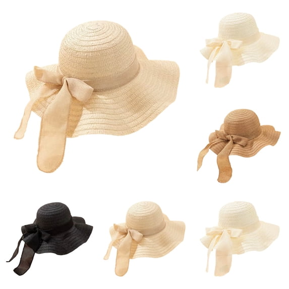 SAWOBUUN Womens Straw Sun Hat Wide Brim UV Protection Bucket Hat Foldable Packable Bowknot Floppy Beach Sun Visor Hats