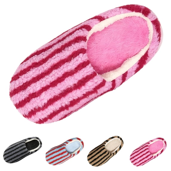 SAWOBUUN Womens Striped House Slippers Fuzzy Plush Clog Warm Sherpa Teddy Fleece Bedroom Shoes Cozy Indoor Slippers