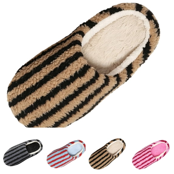 SAWOBUUN Womens Striped House Slippers Fuzzy Plush Clog Warm Sherpa Teddy Fleece Bedroom Shoes Cozy Indoor Slippers