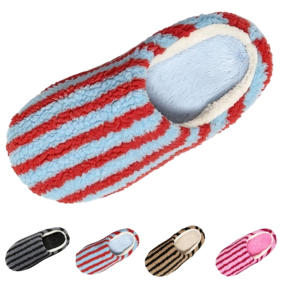 SAWOBUUN Womens Striped House Slippers Fuzzy Plush Clog Warm Sherpa Teddy Fleece Bedroom Shoes Cozy Indoor Slippers