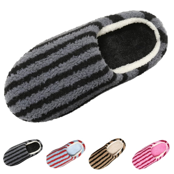 SAWOBUUN Womens Striped House Slippers Fuzzy Plush Clog Warm Sherpa Teddy Fleece Bedroom Shoes Cozy Indoor Slippers