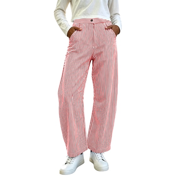 SAWOBUUN Womens Striped Wide Leg Pants High Waisted Casual Trousers Loose Fit Button Fly Curved Hem Lounge Pants with Pockets