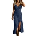 thumbnail image 1 of SAWOBUUN Womens Summer Cotton Maxi Dress Sleeveless V Neck High Waist Button Down Long Dress Side Slit for Beach Vacation, 1 of 9