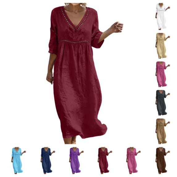SAWOBUUN Womens Summer Cotton Midi Dress Casual V Neck 3/4 Sleeve Hollow out Sundress Lightweight Breathable Beach Dress