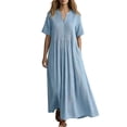 thumbnail image 1 of SAWOBUUN Womens Summer Linen Maxi Dress Short Sleeve V Neck Pleated Loose Fit Casual Beach Vacation Long Dress with Pockets, 1 of 6