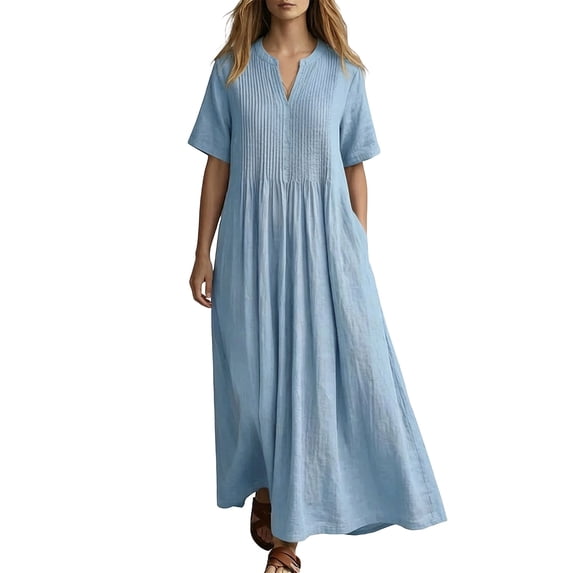 SAWOBUUN Womens Summer Linen Maxi Dress Short Sleeve V Neck Pleated Loose Fit Casual Beach Vacation Long Dress with Pockets